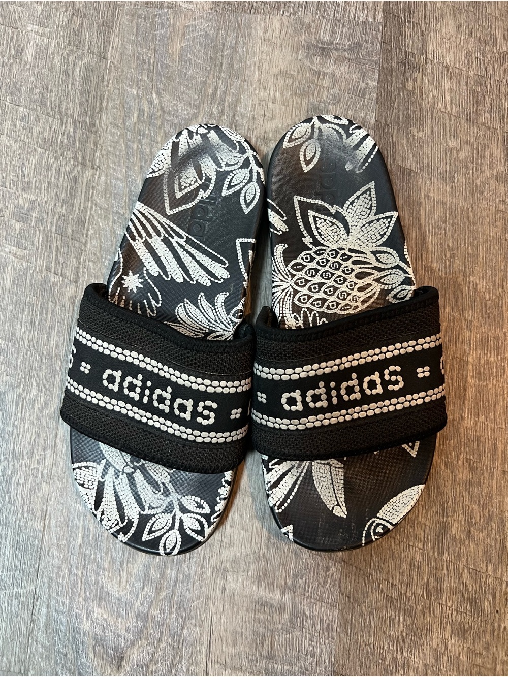 [Adidas + FARM Rio] Black Floral Slide Sandals